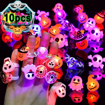 10шт Светящихся колец на Хэллоуин, Креативные Милые кольца с глазами призрака в тыкве для унисекс, Светящиеся кольца на Хэллоуин, Кольцо для пальца со светодиодной вспышкой