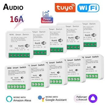 16A Tuya WiFi Mini Smart Switch 2-полосный выключатель с контролем энергопотребления Smart Life Работает с Alexa Google Home Alice
