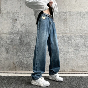 2023 Американские Винтажные синие джинсы с высокой улицей, мужской прямой стиль, Модный бренд, Выстиранные Свободные Широкие Длинные брюки