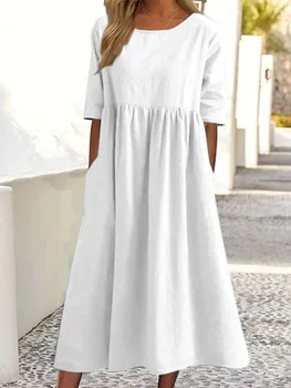 2023 новое женское платье из хлопка и льна размера S-2XL, повседневное свободное платье с круглым вырезом и коротким рукавом, модные платья Макси Vestidos Mujer