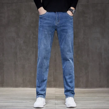 2023 Новые мужские осенние джинсы, модные мужские повседневные облегающие Прямые джинсы средней растяжки, мужские синие мужские брюки