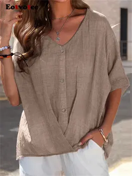 Eotvotee Однотонные рубашки для женщин 2023, новая модная летняя блузка оверсайз с коротким рукавом и V-образным вырезом, офисные женские повседневные свободные топы