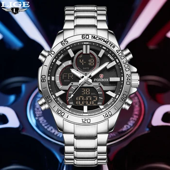 LIGE Новые Кварцевые мужские часы с двойным дисплеем, военные Светящиеся Спортивные Мужские наручные часы, Стальной ремешок, Водонепроницаемые мужские часы Reloj Hombre