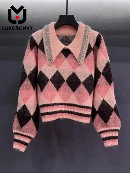LUXE & ENVY Colorblock Nail Diamond Пуловер с высоким воротом, Трикотаж, Весенний Новый Топ 2023, Осень