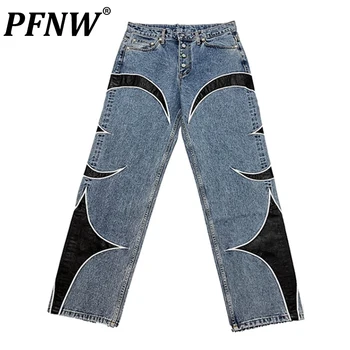 PFNW Осенние Новые мужские кожаные джинсы с американской вышивкой в стиле пэчворк, свободные прямые брюки в стиле хип-хоп High Street Y2k Vintage 28A3527