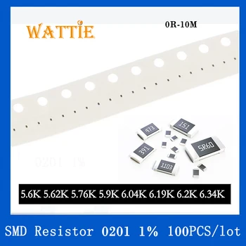 SMD резистор 0201 1% 5.6K 5.62K 5.76K 5.9K 6.04K 6.19K 6.2K 6.34K 100 шт./лот микросхемные резисторы 1/20 Вт 0.6 мм * 0.3 мм