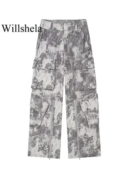 Willshela, женские модные брюки-карго на молнии спереди с карманами, винтажные женские шикарные брюки полной длины с высокой талией