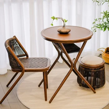 Балконный стол и стул из ротанга, ореховый орех, простой Ретро-китайский стиль, сочетание бара для отдыха, Хранение на открытом воздухе, Чайный столик, табурет из ротанга