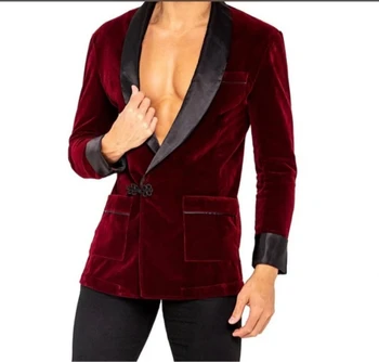Бордовые бархатные мужские костюмы, куртки, Винтажная шаль с лацканами, Официальные модные Свободные смокинги, званый ужин, выпускной, Джентльменский блейзер (1 куртка)