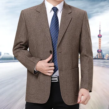 Весеннее и осеннее пальто для мужчин среднего возраста, деловые повседневные мужские блейзеры, приталенный шерстяной пиджак высокого класса для пап и пожилых мужчин