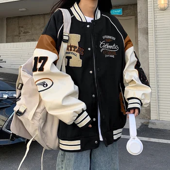 Винтажная вышитая куртка-бомбер Женская бейсбольная куртка Harajuku Университетская Корейская модная униформа для колледжа Уличная одежда большого размера Y2k