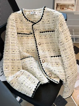Высококачественная французская Роскошная Твидовая куртка с небольшим ароматом Для женщин Осенне-зимняя мода Жареные Уличные пальто Клетчатая верхняя одежда Casaco