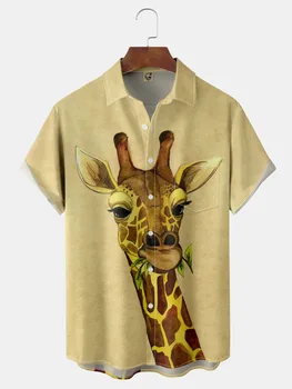 Гавайская праздничная пляжная рубашка с карманом, мужская рубашка с коротким рукавом с принтом жирафа, летняя модная дышащая рубашка