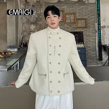 Двубортный шерстяной костюм со стоячим воротником, пальто, блейзер, мужская Корейская марка, высококачественная уличная одежда, винтажные блейзеры, куртка