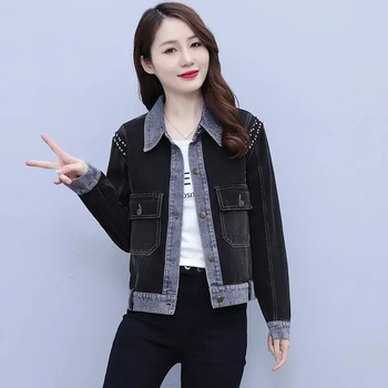 Демисезонная джинсовая куртка сращивания, женская мода 2023, Новые Свободные Корейские короткие повседневные джинсы с длинным рукавом, Женская верхняя одежда, пальто