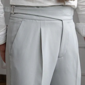 Джентльменские Парижские брюки на пуговицах Модные светло-серые мужские модельные брюки с высокой талией Прямые брюки Мужские деловые Универсальные брюки с поясом