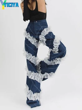 Джинсы в стиле YICIYA y2k, женская уличная Одежда, мешковатые брюки полной длины, Harajuku, Тонкие Джинсовые брюки с высокой талией, кружевные джинсовые брюки