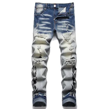 дизайн в стиле рок-панк, мужские джинсы с принтом, Уличная одежда, Рваные потертые джинсовые брюки-стрейч, Узкие Зауженные брюки, джинсы