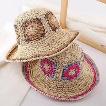 Женская соломенная шляпа ручной работы, вязаная крючком, для летних каникул, Пляжная шляпа для женщин, Складная вязаная шляпа-ведро