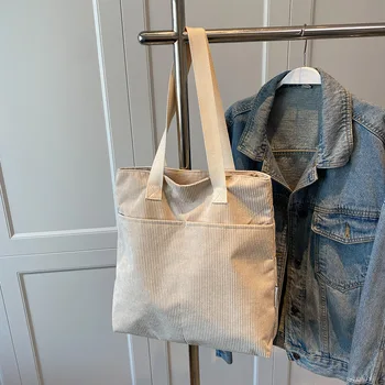 Женская сумка-тоут большой емкости, простая дорожная сумка, вельветовая сумка для продуктов, однотонная простая женская сумка для девочек