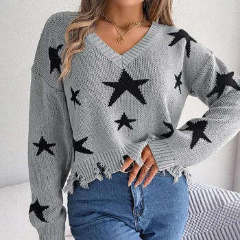 Женский вязаный повседневный свободный пуловер с длинным рукавом и V-образным вырезом и звездным принтом