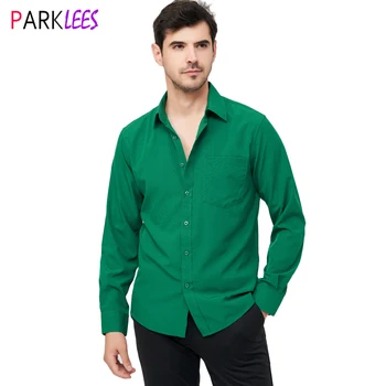 Зеленые Мужские Рубашки С Длинным Рукавом Без Морщин Regular Fit Повседневная Эластичная Деловая Рубашка на Пуговицах для Мужчин Chemise Homme