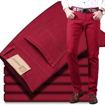 Классические мужские джинсы винно-красного цвета, модные деловые повседневные прямые джинсовые брюки-стрейч, мужские брендовые брюки
