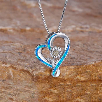Классическое ожерелье с подвеской в виде подсолнуха, Бело-голубой опал, ожерелья с сердечками любви для женщин, цепочка серебряного цвета, ювелирные изделия с цветами, Свадебный подарок