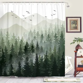 Комплект штор для душа HGX Misty Forest с крючками из водонепроницаемой ткани Природа Дерево Горный лес Декор для ванной комнаты Декор для штор для ванны