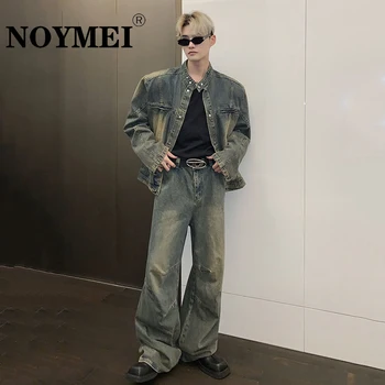 Комплекты мужских брюк NOYMEI, Нишевый дизайн, винтажные подплечники, джинсовая куртка, свободный стоячий воротник, мешковатые джинсовые костюмы WA2735