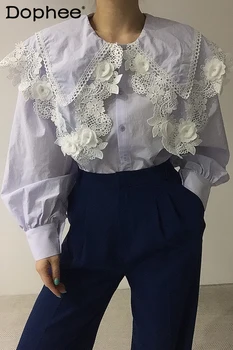 Корейская шикарная Ранняя осенняя рубашка с двойным кукольным воротником во Французском королевском стиле, Женская элегантная Однобортная Свободная блузка с длинным рукавом, топ