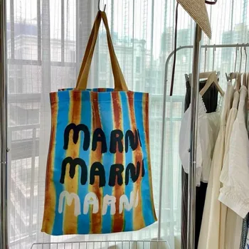 Корейский модный бренд Полосатая сумка Canves Большой емкости Marnis Хозяйственная сумка с художественным дизайном и принтом Y2k High Street Сумка через плечо