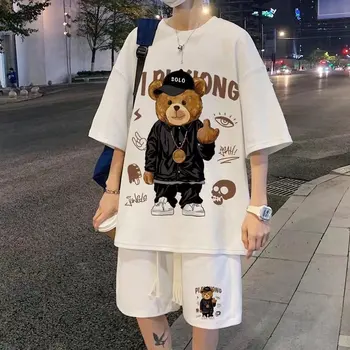 Корейский модный уличный костюм в стиле хип-хоп, повседневный короткий костюм в стиле рок, футболки с забавным медведем, шорты, комплект из 2 предметов, летний спортивный костюм, одежда для мужчин