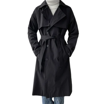 Корейское модное мужское свободное повседневное пальто с поясом, весенний новый свободный тренч, мужское женское пальто с длинным рукавом, уличная одежда большого размера