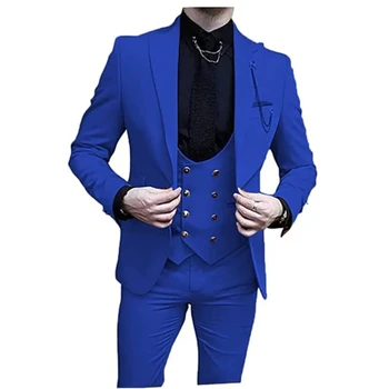 Королевский синий мужской костюм, смокинги для жениха, Приталенные мужские блейзеры для выпускного вечера, 3 предмета, куртка, Брюки, жилет, мужская одежда