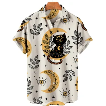 Красивый принт в виде кошки, Гавайская мужская рубашка, Топ с 3D животным принтом, Летний лацкан, Короткие рукава в домашнем стиле ретро, большой размер