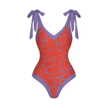 Красный цельный женский купальник с геометрическим принтом, пляжная одежда с V-образным вырезом и бантом, летний монокини с контролем живота, 2023