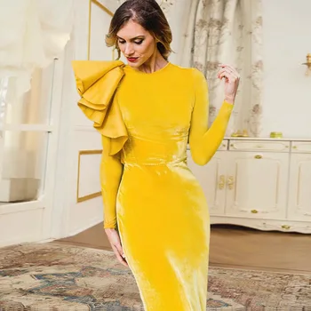 Круглый вырез, длинные рукава, гофрированный край, высокая талия, приталенное желтое банкетное платье с разрезом, женское платье