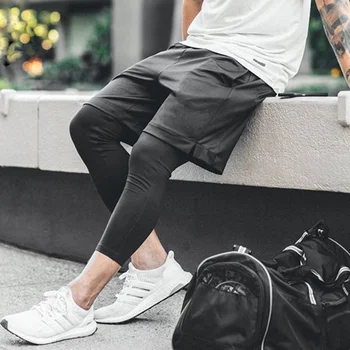 Летние камуфляжные спортивные брюки, мужские тренировочные штаны для бега 2 в 1, 2023, шорты для фитнеса, быстросохнущие эластичные мужские леггинсы