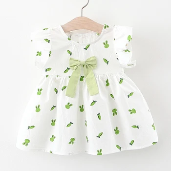 Летние платья для маленьких девочек, одежда для малышей, модное платье принцессы с короткими рукавами и бантом с мультяшным принтом, милая одежда для новорожденных
