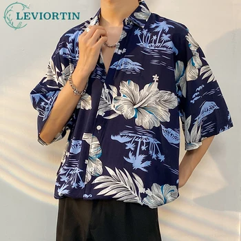 Летняя повседневная мужская рубашка с коротким рукавом в стиле хип-хоп с цветочным принтом, Пляжный отдых, Гавайская пара, Свободная рубашка с коротким рукавом. 2023