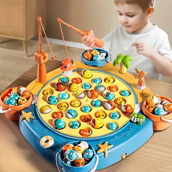 Магнитные Игровые Игрушки для Рыбалки, Вращающаяся Настольная игра с Музыкой, Включающая 45 Рыбок и 8 Удочек, Вечерние Игровые Игрушки для Детей Разного возраста