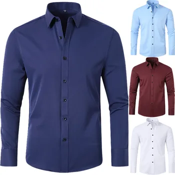 Модные эластичные рубашки Мужские, устойчивые к морщинам, простые деловые Тонкие рубашки с длинным рукавом, топы размера Плюс 46