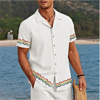 Мужская рубашка в полоску с кубинским воротником, белая рубашка, повседневная одежда с коротким рукавом и принтом, спортивная мода, дизайнер уличной одежды 5XL
