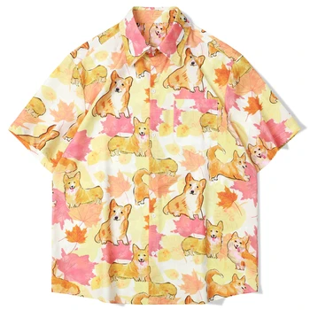 Мужские Гавайские рубашки с принтом Милой Собачки в стиле Харадзюку, Летняя Модная Повседневная рубашка на пуговицах с коротким рукавом для пляжного отдыха