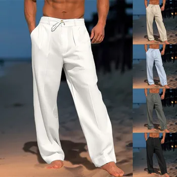 Мужские льняные брюки Летние пляжные брюки с передним карманом, однотонные теплые удобные Мужские брюки 8-летнего возраста с карманами