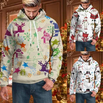 Мужские осенне-зимние свитера, топ, рубашка с длинными рукавами и принтом, с капюшоном, мягкая теплая Рождественская повседневная толстовка в клетку с художественным принтом.