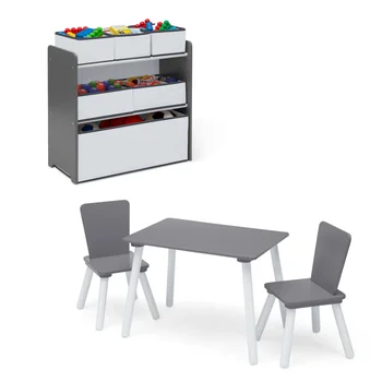 Набор для детской комнаты из 4 предметов - включает игровой столик со столешницей для сухого стирания и органайзер для игрушек на 6 ящиков с многоразовой виниловой пленкой.