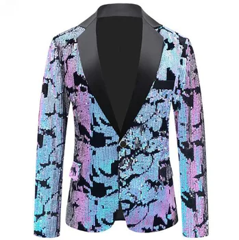 Новая мужская ткань с блестками, цветной принт, повседневная хлопчатобумажная ткань с длинным рукавом, пиджак на одной пуговице, пальто ABB387