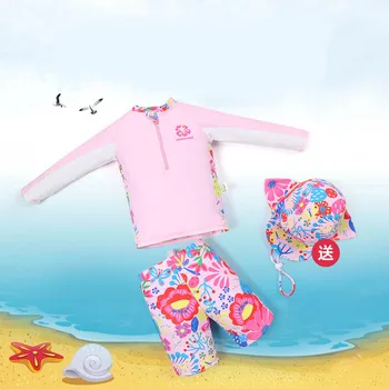 Новинка 2023, шорты с длинными рукавами в цветочек для девочек, раздельный купальник из 3 предметов, корейская версия, быстросохнущий комфортный купальник